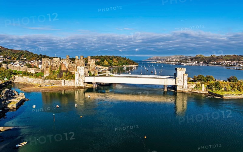 Conwy Castle over River Convy from a drone, Convy, North Wales, England, United Kingdom