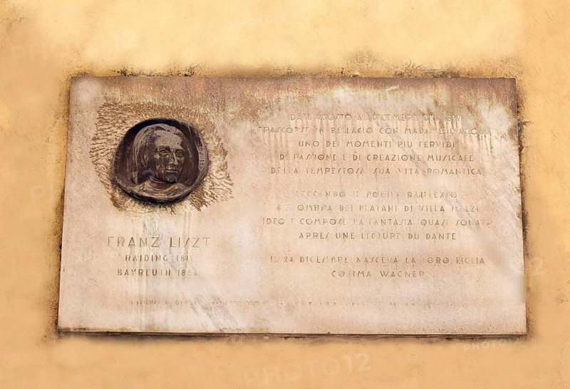 Franz Liszt memorial plaque, stay in Bellagio, picturesque small town with a view of the Alps, Lake Como in Italy, one of the Upper Italian lakes, Lombardy region, Italy