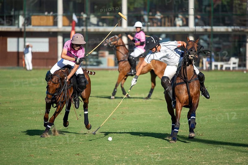 Scene at the 132nd Argentinean Open Polo Championship (Spanish Campeonato Argentino Abierto de Polo), player Isidro Strada from the La Dolfina II team and Antonio Heguy from the Ellerstina Indios Chapaleufú Vista team fighting for the ball, Buenos Aires, Argentina