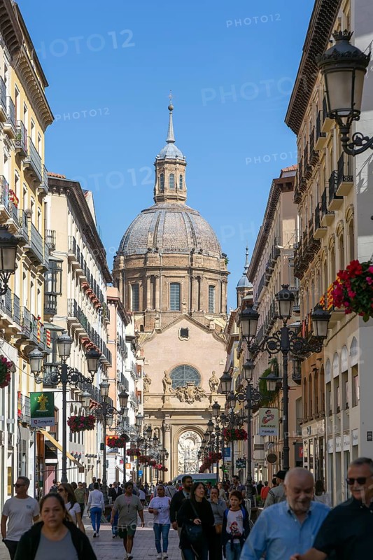 View of Basilica of Our Lady of the Pillar cathedral church from Calle de Alfonso I, Zaragoza, Aragon, Spain