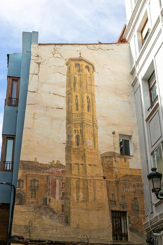 Painting mural of the Leaning Tower, Torre Nueva, Zaragoza, Aragon, Spain, Europe demolished 1892