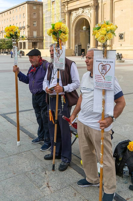 Men saying rosary prayers for human life, Rosario Por La Vida, Zaragoza, Aragon, Spain