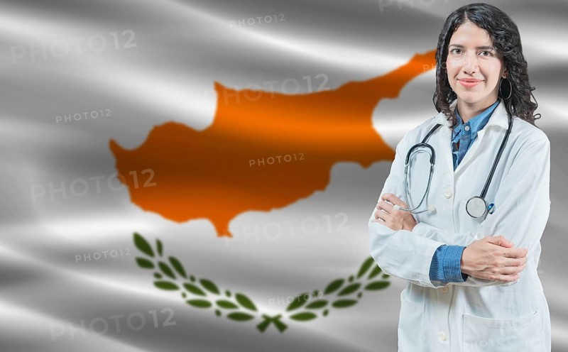 Cypriot medicine and healthcare concept. Doctor close up against Cyprus flag background