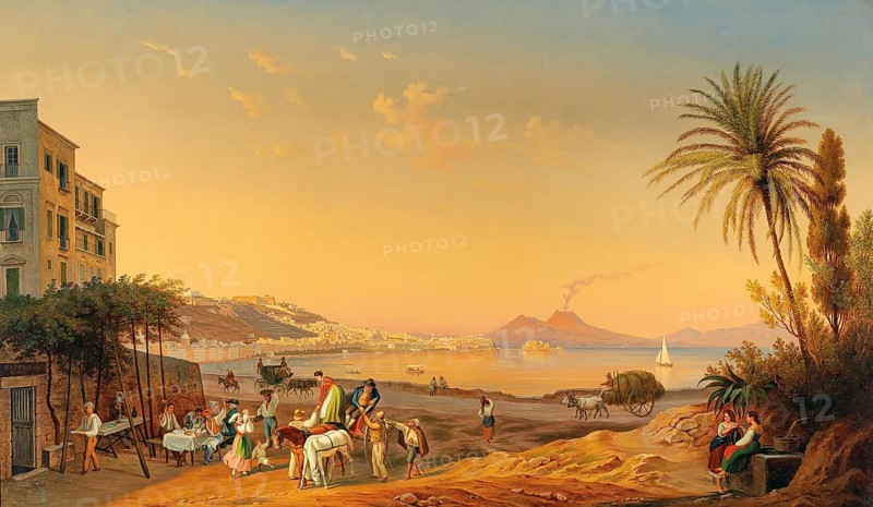 Evening scene on the Naples promenade with Vesuvius in the background, Campania, Italy, based on a painting by Hubert Sattler (1817-1904), reproduction from a 19th-century model. Authentic, file restored for optimal use, exact date of original unknown