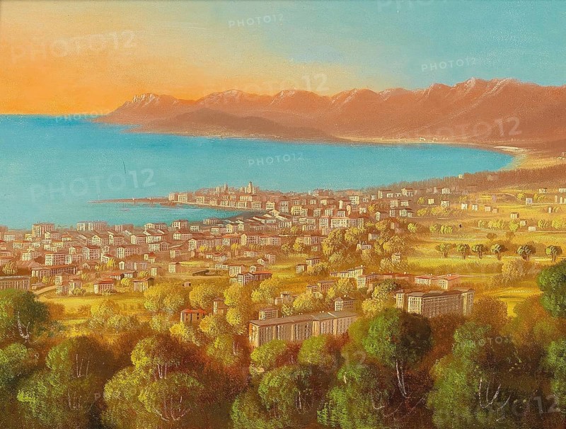 View of Cannes in southern France, France, based on a painting by Hubert Sattler (1817-1904), reproduction from a 19th century model. Authentic, file restored for optimal use, exact date of original unknown
