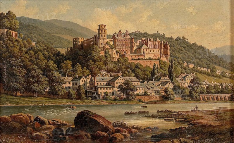 View of Heidelberg, Baden-Württemberg, Germany, based on a painting by Hubert Sattler (1817-1904), reproduction from a 19th century model. Authentic, file restored for optimal use, exact date of original unknown