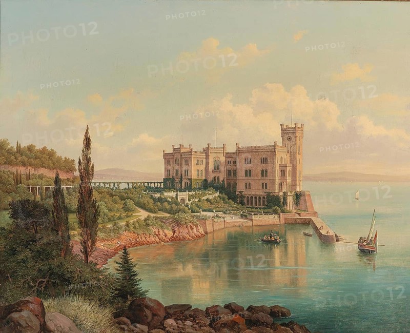 Miramare Castle near Trieste, Italy, based on a painting by Hubert Sattler (1817-1904), reproduction from a 19th century model. Authentic, file restored for optimal use, exact date of original unknown
