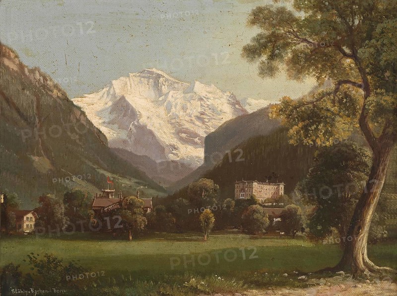 The Jungfrau mountain in the Swiss Alps, Switzerland, based on a painting by Hubert Sattler (1817-1904), reproduction from a 19th century model. Authentic, file restored for optimal use, exact date of original unknown