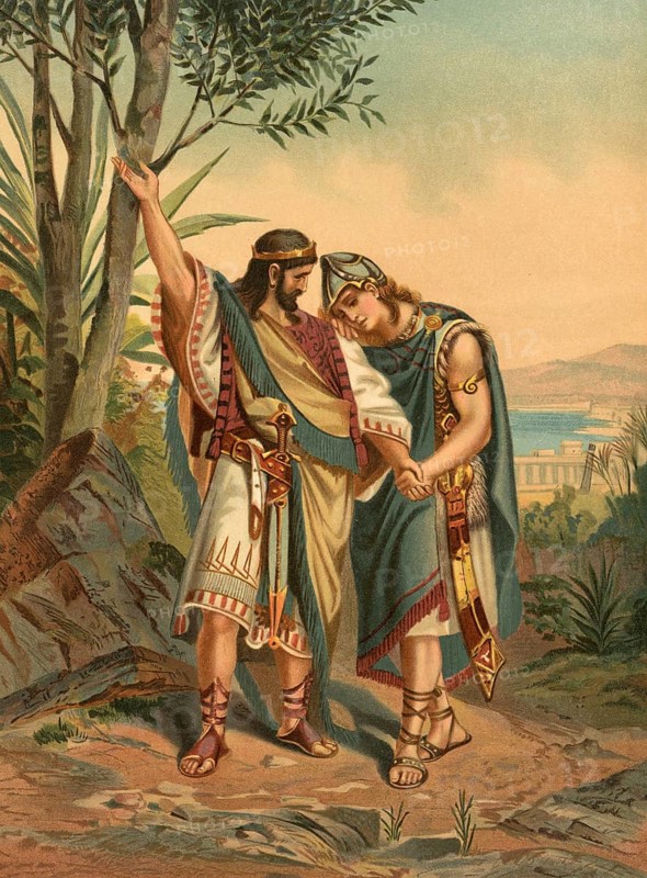Biblical scene, Bible, the friendship between David and Jonah, a deep and unshakable bond that is often described as one of the strongest friendships in the Bible. Jonathan, the son of King Saul, and David became close friends immediately after they met, illustration, reproduction from a 19th-century model. Authentic, file restored for optimal use, exact date of submission unknown, historical