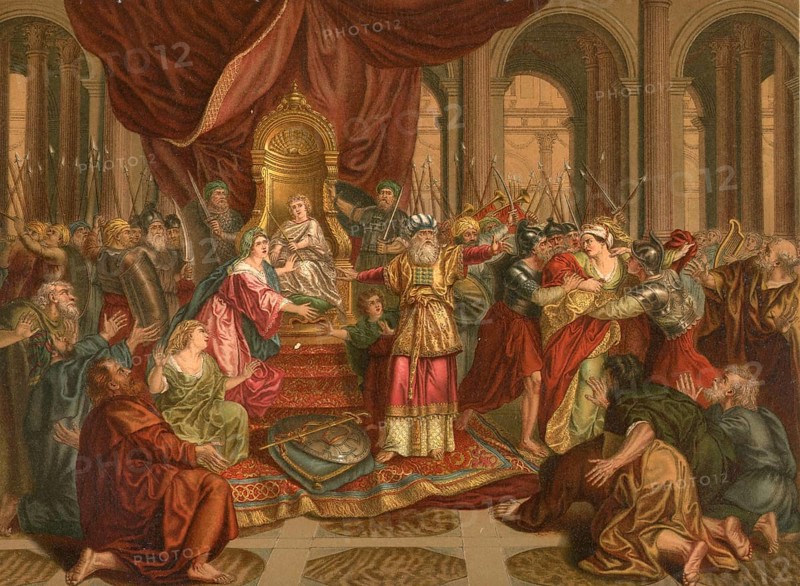 Biblical scene, Bible, The murder of Queen Athalia, Atalja was the daughter of the Israelite king Ahab and Jezebel, illustration, reproduction from a 19th-century model. Authentic, file restored for optimal use, exact date of submission unknown, historical