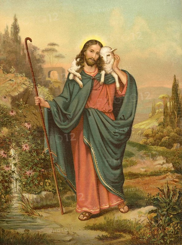 Biblical scene, Bible, The Good Shepherd, refers to Jesus Christ in the Christian tradition and is a central biblical image of his role as a caring, protective and sacrificial leader, illustration, reproduction from a 19th-century model. Authentic, file restored for optimal use, exact date of submission unknown, historical
