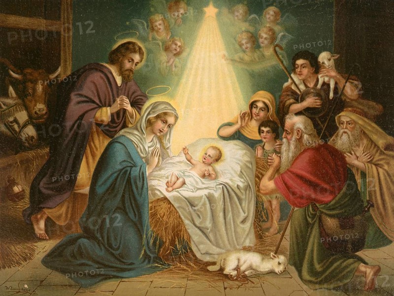 Biblical scene, Bible, The Birth of Christ, biblical story of the birth of Jesus, which is described in the New Testament, especially in the gospels of Luke and Matthew. The traditional celebration of Christmas on December 25th is a symbolic date that was probably set in the 4th century to superimpose traditional pagan holidays such as Sol Invictus, illustration, reproduction from a 19th-century model. Authentic, file restored for optimal use, exact date of submission unknown, historical