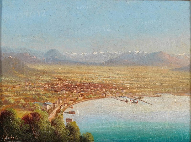 View of Bregenz, Austria, based on a painting by Hubert Sattler (1817-1904), reproduction from a 19th century model. Authentic, file restored for optimal use, exact date of original unknown
