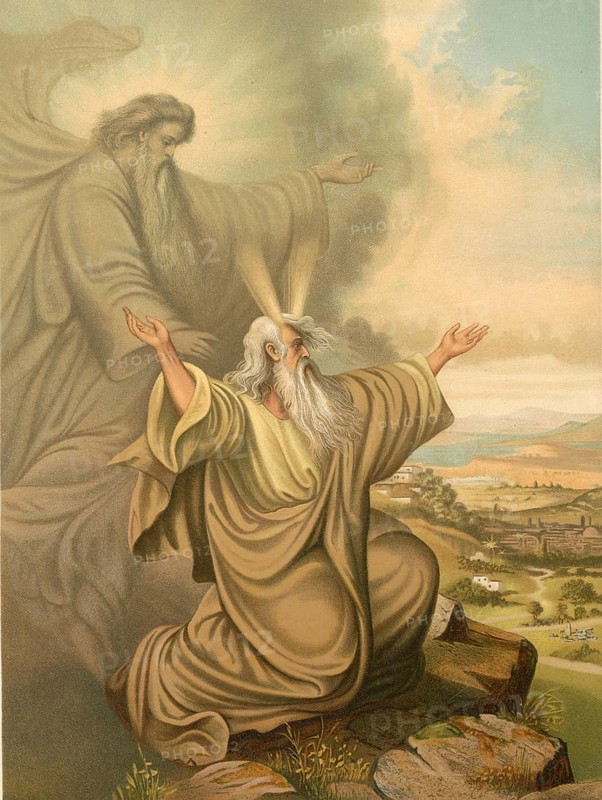 Biblical scene, Bible, The Lord shows Moses the Promised Land from Mount Nebo, which Moses himself was not allowed to enter due to disobedience. From the top of the mountain, Moses was able to overlook the land of Canaan in front of he died there according to biblical tradition, illustration, reproduction from a 19th-century model. Authentic, file restored for optimal use, exact date of submission unknown, historical