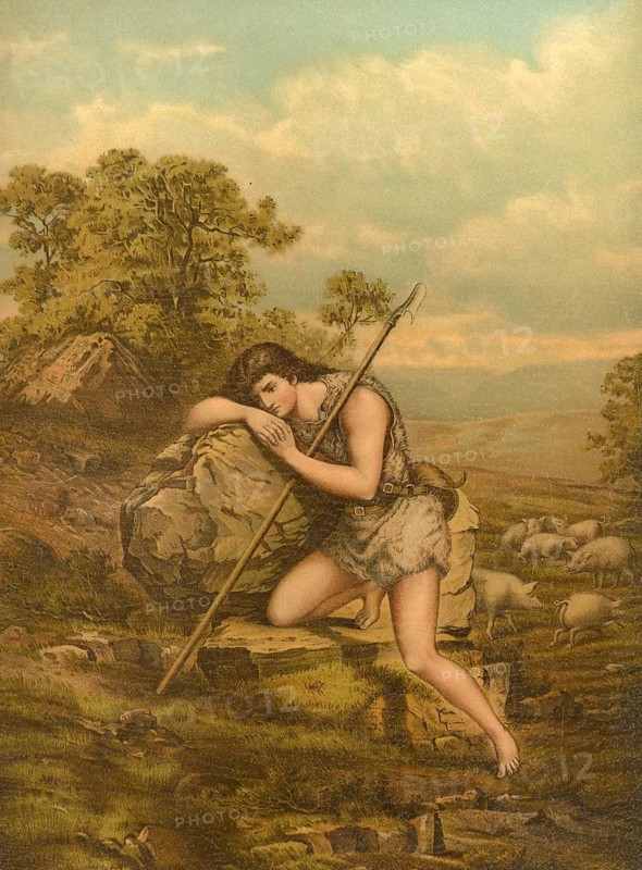 Biblical scene, Bible, The Prodigal Son. The parable of the prodigal son is a story told by Jesus in Luke 15, 11-32, about a father with two sons. The younger son demands his inheritance, squanders it and then returns humbly and penniless, illustration, reproduction from a model from the 19th century. Authentic, file restored for optimal use, exact date of submission unknown, historical