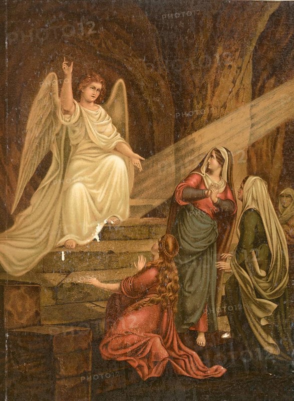 Biblical scene, Bible, The holy woman at the grave, the biblical witnesses of the Resurrection of Jesus, illustration, reproduction from a 19th century model. Authentic, file restored for optimal use, exact date of submission unknown, historical