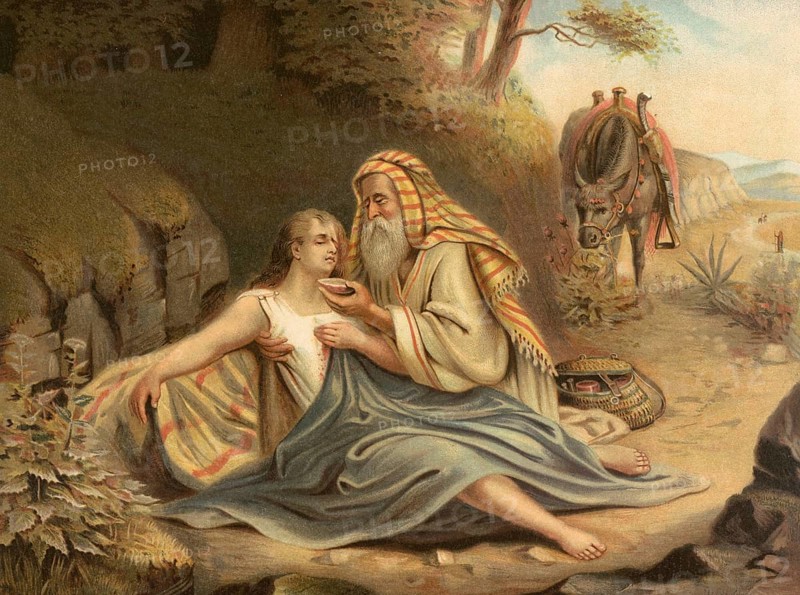 Biblical scene, Bible, The Good Samaritan, a member of the ethnic group that was despised by the Jews. He has compassion for the man, who could well be a Jew, and acts without hesitation, illustration, reproduction from a model from the 19th century. Authentic, file restored for optimal use, exact date of submission unknown, historical