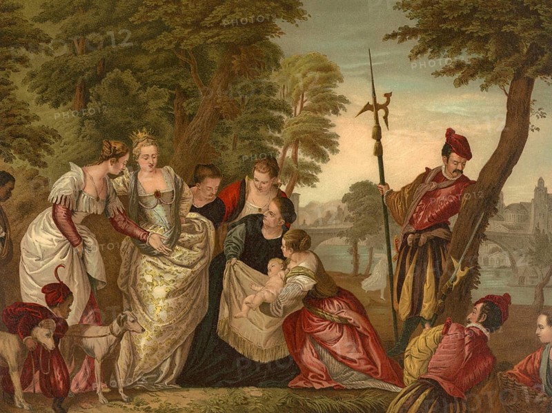 Biblical scene, Bible, The discovery of Moses, biblical story in which the Israelite boy Moses was abandoned in the Nile, found by the pharaoh's daughter and raised as a prince at the Egyptian court, illustration, reproduction from a 19th-century model. Authentic, file restored for optimal use, exact date of submission unknown, historical