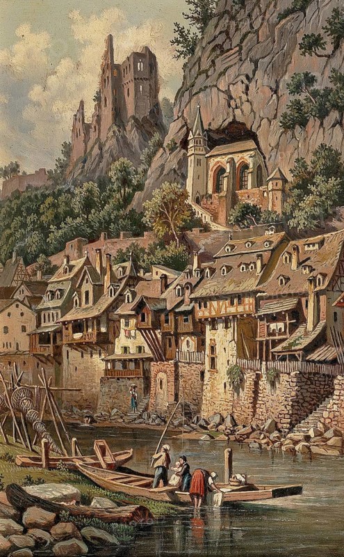 View of the rock church and castle ruins of Idar-Oberstein, Rhineland-Palatinate, Germany, based on a painting by Hubert Sattler (1817-1904), reproduction from a 19th-century model. Authentic, file restored for optimal use, exact date of original unknown