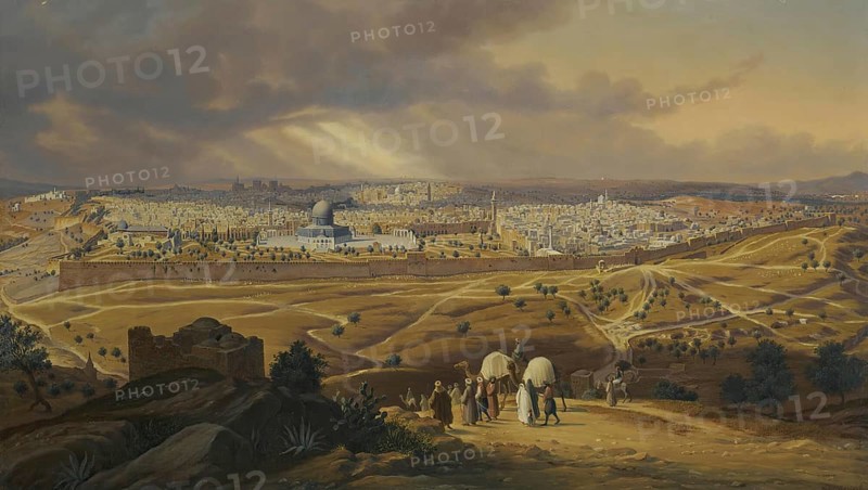 View of Jerusalem from the Mount of Olives, Israel, based on a painting by Hubert Sattler (1817-1904), reproduction from a 19th-century model. Authentic, file restored for optimal use, exact date of original unknown