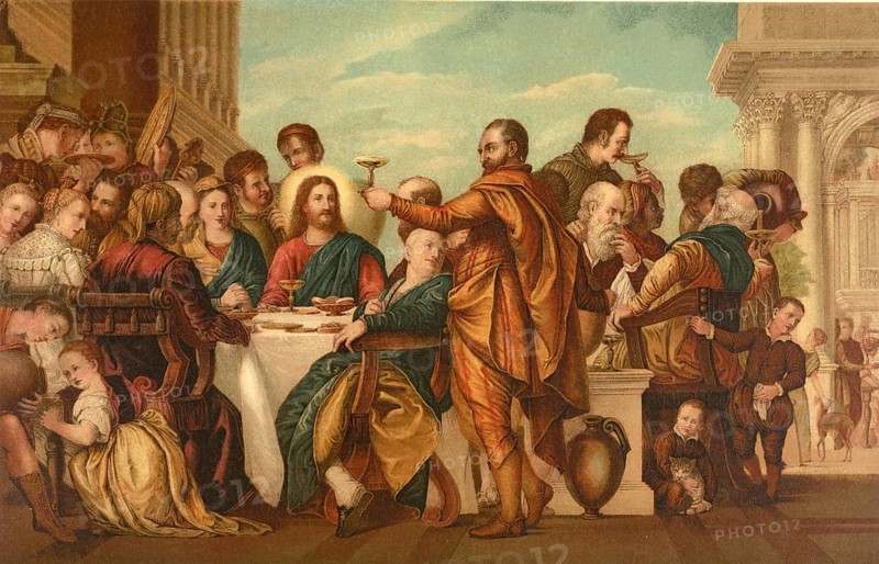 Biblical scene, Bible, wedding at Cana, illustration, reproduction from a 19th century model. Authentic, file restored for optimal use, exact date of submission unknown, historical