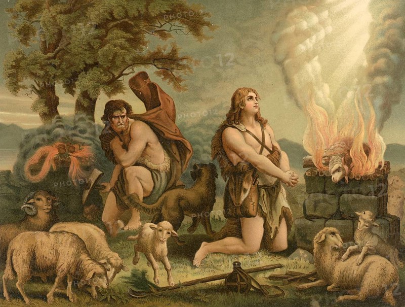 Biblical scene, Bible, The Sacrifice of Cain and Abel, illustration, reproduction from a 19th century model. Authentic, file restored for optimal use, exact date of submission unknown, historical