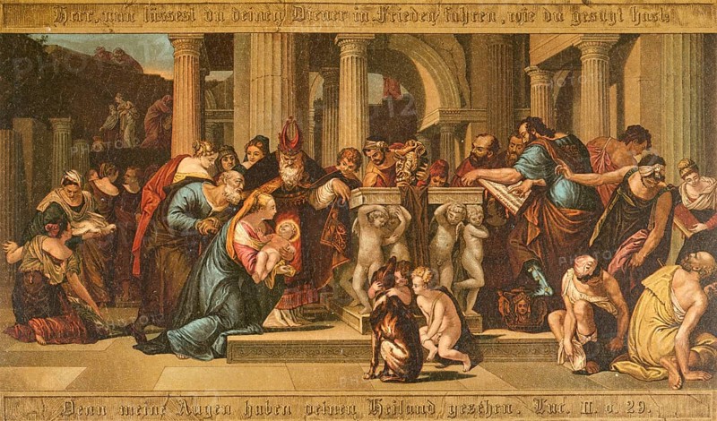 Biblical scene, Bible, The Presentation in the Temple, a central story from the Gospel of Luke, in which the parents of Jesus, Mary and Joseph, presented their son to the priest 40 days after his birth in the Temple of Jerusalem in order to fulfill the Jewish laws of purification and redemption of the firstborn, illustration, reproduction from a 19th-century model. Authentic, file restored for optimal use, exact date of submission unknown, historical