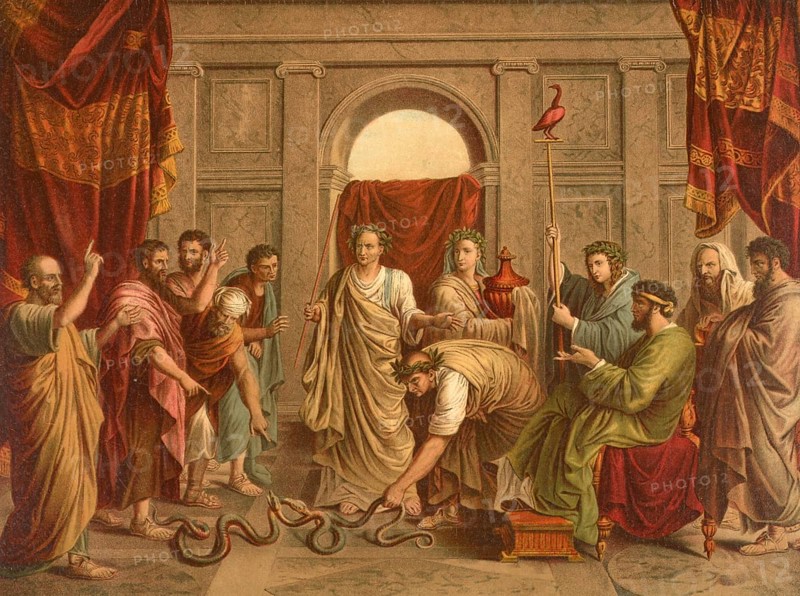 Biblical scene, Bible, The Miraculous Serpent, usually refers to the brazen serpent that Moses had made of copper or bronze at the command of God to heal the Israelites who were bitten by poisonous snakes, illustration, reproduction from a 19th-century model. Authentic, file restored for optimal use, exact date of submission unknown, historical