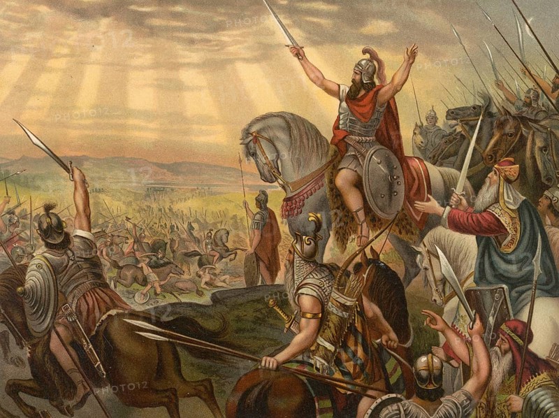 Biblical scene, Bible, The Miraculous Victory over the Amorites, refers to several battles in which the people of Israel defeated the Amorites under the leadership of Moses and later Joshua, illustration, reproduction from a 19th-century model. Authentic, file restored for optimal use, exact date of submission unknown, historical