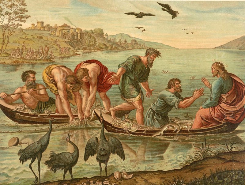 Biblical scene, Bible, The Miraculous Fishing, a parable about faith and trust in Jesus, the vocation of the disciples and the promise to become fishers of men, illustration, reproduction from a 19th-century model. Authentic, file restored for optimal use, exact date of submission unknown, historical
