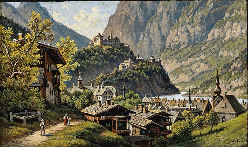 View of the town of Werfen in the province of Salzburg, Austria, based on a painting by Hubert Sattler (1817-1904), reproduction from a 19th-century model. Authentic, file restored for optimal use, exact date of original unknown
