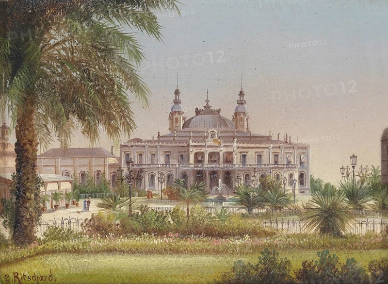 View of the casino in Monte Carlo, Monaco, based on a painting by Hubert Sattler (1817-1904), reproduction from a 19th century model. Authentic, file restored for optimal use, exact date of original unknown
