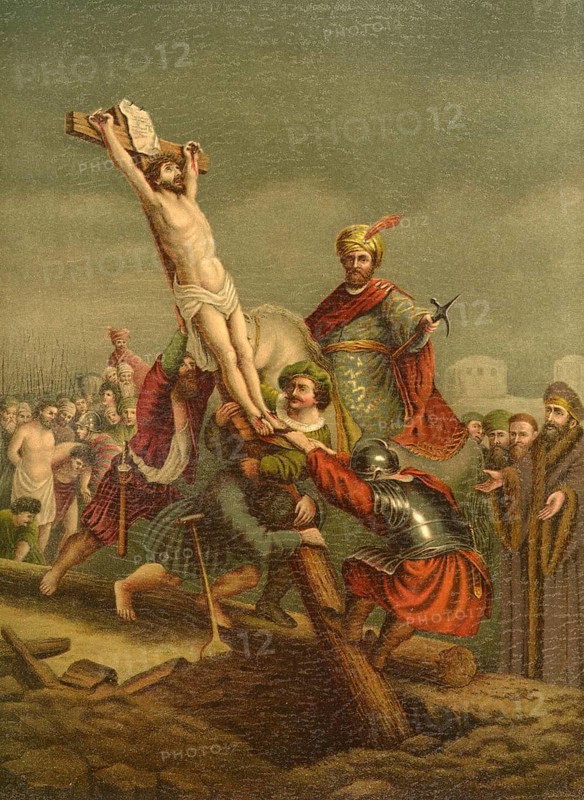 Biblical scene, Bible, Christ and the Crucifixion, a central event in Christianity that took place on Golgotha hill near Jerusalem, illustration, reproduction from a 19th-century model. Authentic, file restored for optimal use, exact date of submission unknown, historical