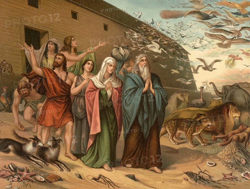 Biblical scene, Bible, Leaving the Ark after the Flood, illustration, reproduction from a 19th century model. Authentic, file restored for optimal use, exact date of submission unknown, historical