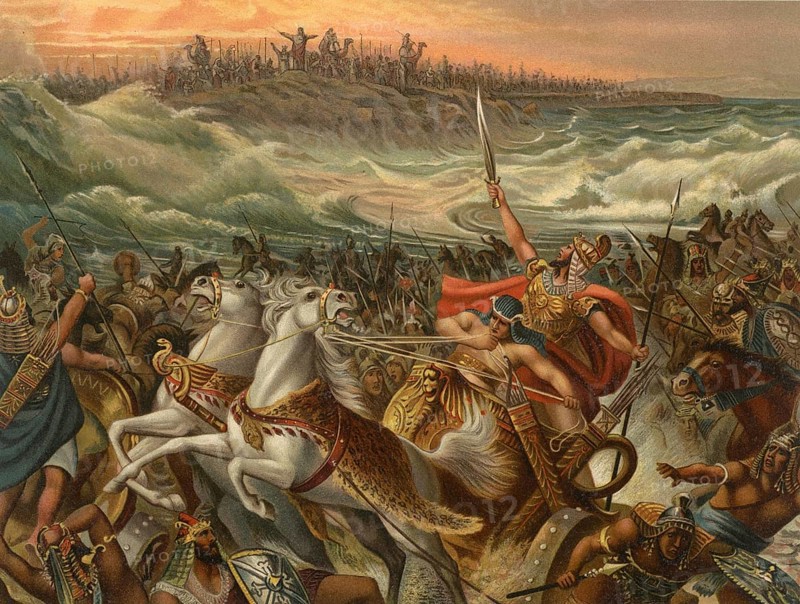 Biblical scene, Bible, liberation of the Israelites from the Red Sea, biblical story from the book of Exodus. She describes how Moses divides the sea so that the Israelites can flee on dry ground while the subsequent Egyptian army is engulfed by the backflowing waters, illustration, reproduction from a 19th-century model. Authentic, file restored for optimal use, exact date of submission unknown, historical