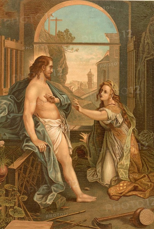 Biblical scene, Bible, Jesus appears to Mary Magdalene on Easter morning as she cries sadly at the empty tomb, illustration, reproduction from a 19th-century model. Authentic, file restored for optimal use, exact date of submission unknown, historical