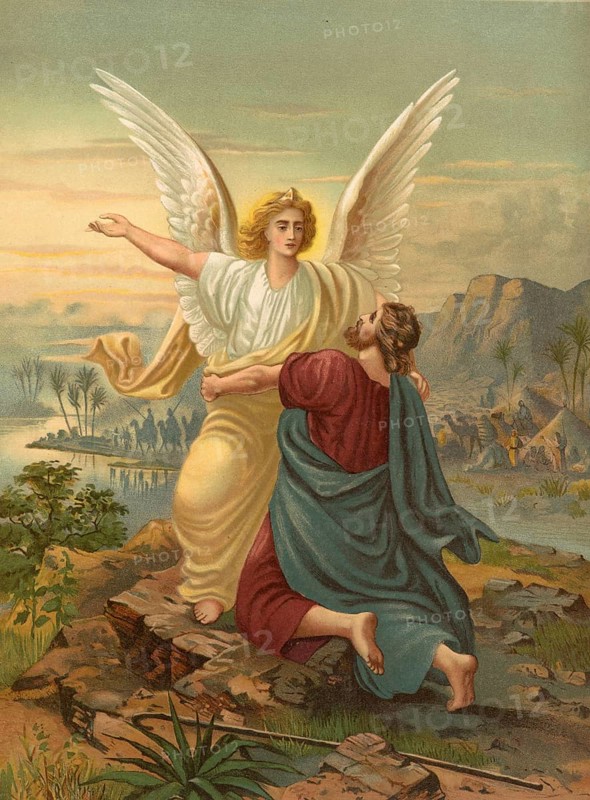 Biblical scene, Bible, Jacob wrestling with the angel of the Lord, Jacob's fight at the Jabbok is a biblical story, illustration, reproduction from a 19th-century model. Authentic, file restored for optimal use, exact date of submission unknown, historical