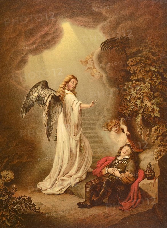 Biblical scene, Bible, Jacob's dream, angels climb up and down these stairs, and God speaks to Jacob, assuring him of his presence and the fulfillment of the promises that he will give him and his descendants the land and bless them, illustration, reproduction from a 19th-century model. Authentic, file restored for optimal use, exact date of submission unknown, historical