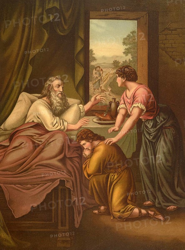 Biblical scene, Bible, Jacob fights for Esau's birthright, in two important biblical stories: first through an exchange in which he satisfies Esau's hunger with a dish of lentils and receives the birthright in return. Jacob later struggles by sneaking his paternal blessing through a cunning, by impersonating Esau's clothing in order to receive Isaac's blessing even though Esau is the elder, illustration, reproduction from a 19th-century model. Authentic, file restored for optimal use, exact date of submission unknown, historical