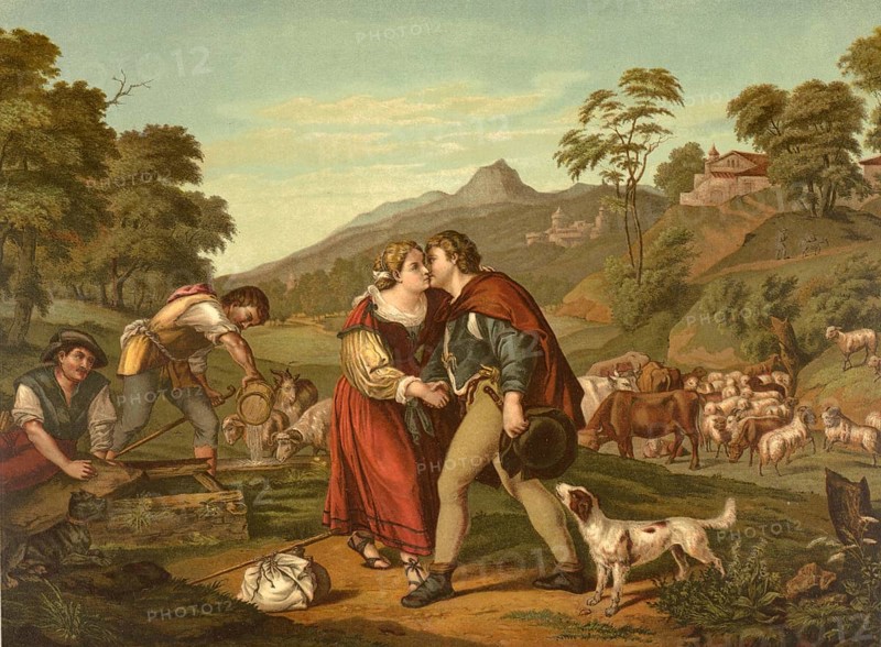 Biblical scene, Bible, Jacob and Rachel, Rachel are figures from the Old Testament that combine a complex marriage story. Jacob loved Rachel and worked for her father Laban for 14 years so that she could marry her. After the wedding night, however, her older sister Lea was first put on him, illustration, reproduction from a model from the 19th century. Authentic, file restored for optimal use, exact date of submission unknown, historical
