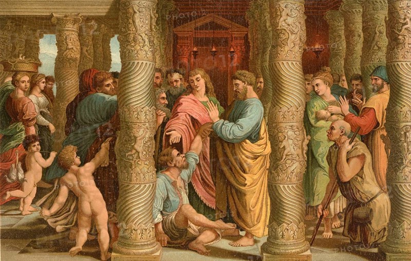 Biblical scene, Bible, healing of a man paralyzed from birth by Jesus. The healing of a paralyzed person refers to various New Testament miracle stories, illustration, reproduction from a model from the 19th century. Authentic, file restored for optimal use, exact date of submission unknown, historical