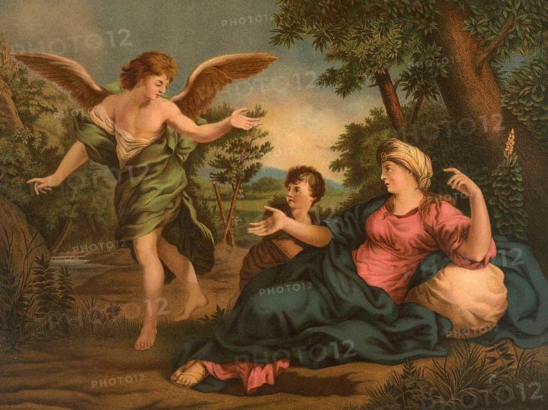 Biblical scene, Bible, Hagar, the Egyptian slave of Sarah, the woman of Abraham and Ishmael, prophet in the Koran, in the wilderness, illustration, reproduction from a 19th century model. Authentic, file restored for optimal use, exact date of submission unknown, historical
