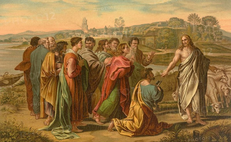 Biblical scene, Bible, pasture my lambs, illustration, reproduction from a 19th century model. Authentic, file restored for optimal use, exact date of submission unknown, historical