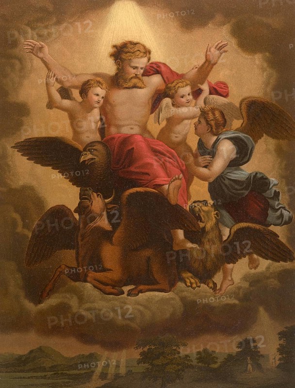 Biblical scene, Bible, Ezekiel's vision, one of the great scriptural prophets and the text attributed to him or the book of the same name in the Tanakh or Old Testament. It was created in the 6th century BC in Babylonian exile and depicts visions and symbolic actions of the Prophet, illustration, reproduction from a model from the 19th century. Authentic, file restored for optimal use, exact date of submission unknown, historical