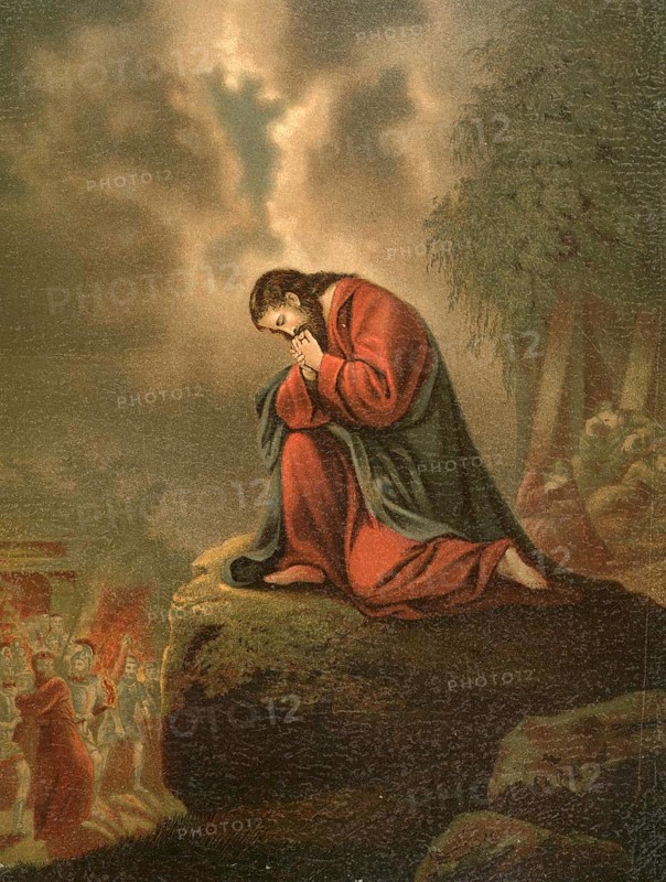 Biblical scene, Bible, Gethsemane, scene of the Passion story of Jesus on the western slope of the Mount of Olives mentioned in the New Testament, illustration, reproduction from a 19th-century model. Authentic, file restored for optimal use, exact date of submission unknown, historical