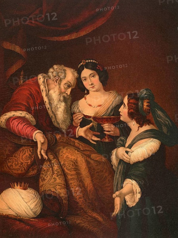 Biblical scene, Bible, Esther implores the Persian King Ahasuerus for mercy, illustration, reproduction from a 19th-century model. Authentic, file restored for optimal use, exact date of submission unknown, historical