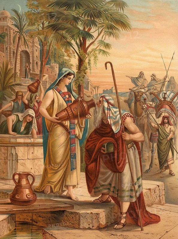 Biblical scene, Bible, Eliezer is looking for Rebecca, Eliëser of Damascus is in the Jewish and Christian tradition of interpretation the name of Abraham's house manager in the biblical book of Genesis, illustration, reproduction from a model from the 19th century. Authentic, file restored for optimal use, exact date of submission unknown, historical