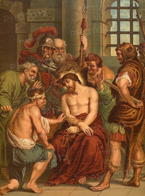 Biblical scene, Bible, the ridicule of Jesus in front of his crucifixion is detailed in the Gospels, where he was ridiculed by both the passers-by and by the high priests and scribes, illustration, reproduction from a 19th-century model. Authentic, file restored for optimal use, exact date of submission unknown, historical