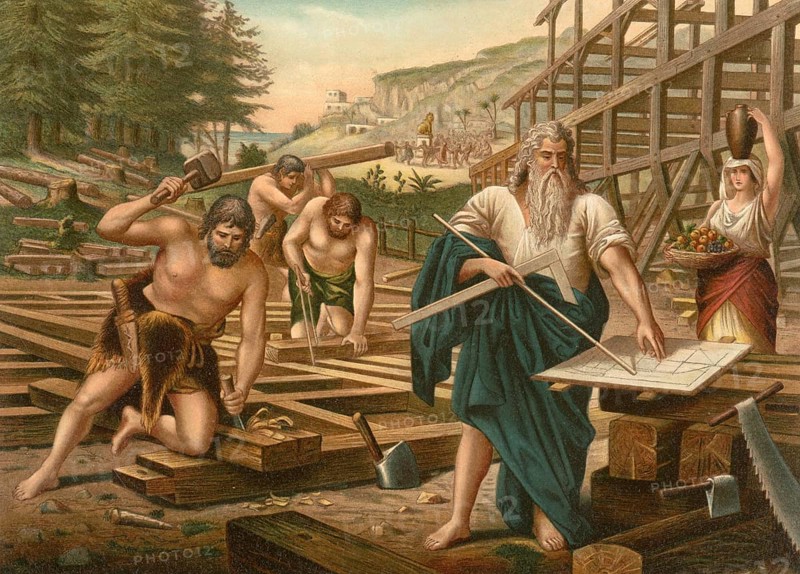 Biblical scene, Bible, The construction of Noah's Ark is described in the Bible, where God commissioned Noah to build a huge ship to save himself and his family and a pair of all animals from a deluge, illustration, reproduction from a 19th-century model. Authentic, file restored for optimal use, exact date of submission unknown, historical