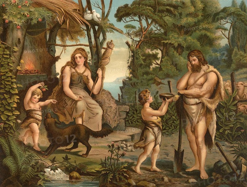 Biblical scene, Bible, After expulsion from paradise, the fall of Adam and Eve and the consequences of their disobedience to God, illustration, reproduction from a 19th-century model. Authentic, file restored for optimal use, exact date of submission unknown, historical